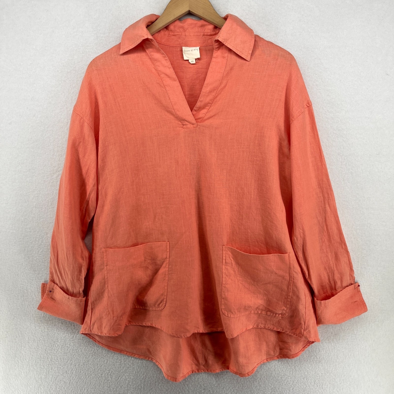 House Of King Top Womens Xs Linen Popover Tunic French Cuff Roll Tab Salmon
